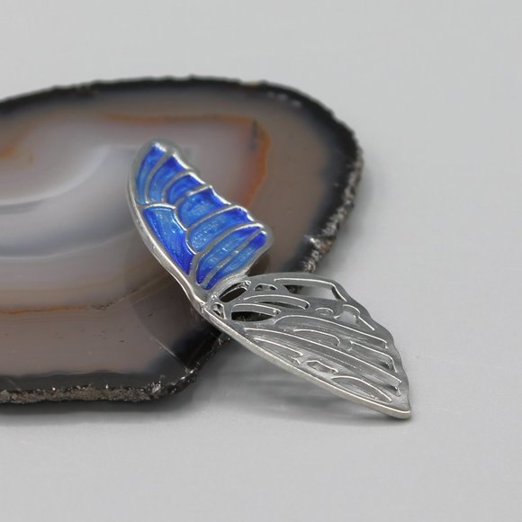 Butterfly wind shaped pin brooch silver blue - Picture 3 of 10